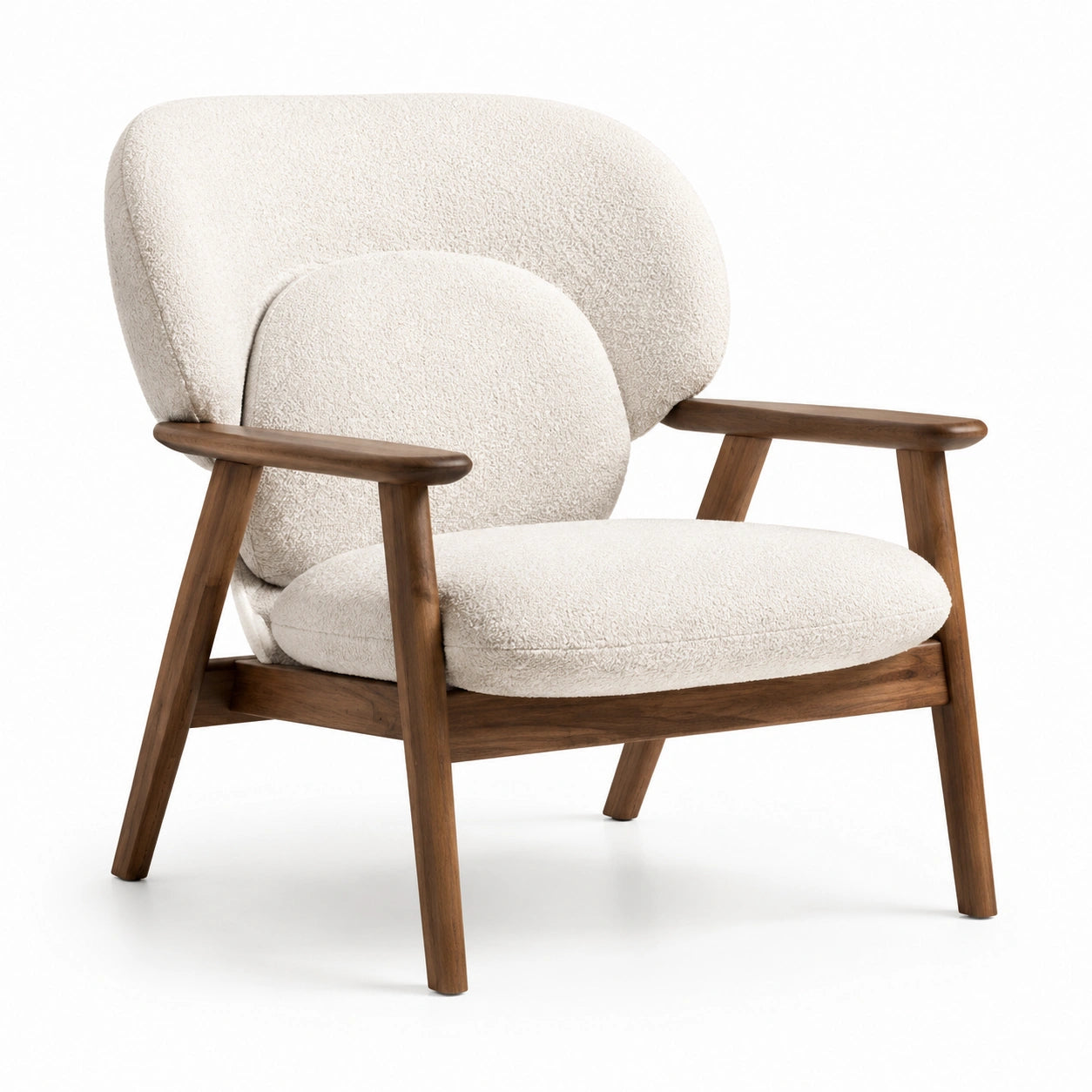 Sessel aus Walnussholz mit Bouclé-Bezug Beige