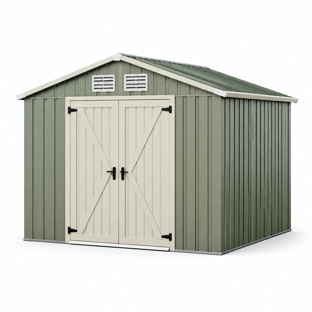 Metall-Gartenhaus mit Doppeltür und Lüftungsschlitzen Grün/Beige